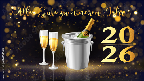 Karte oder Banner, um ein frohes neues Jahr 2026 in Gold mit einer Flasche Champagner in einem Eimer und zwei Flöten auf schwarzem Hintergrund mit Kreisen im Bokeh-Effekt zu wünschen