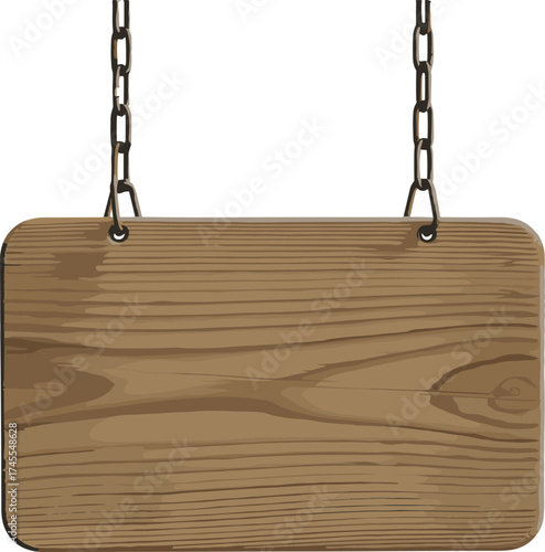 Wooden hanging sign board with metal chains, blank rustic plank, empty vintage wood texture background, signage mockup design concept