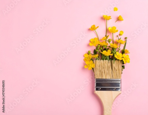Paintbrush with bright yellow flowers on a pink background