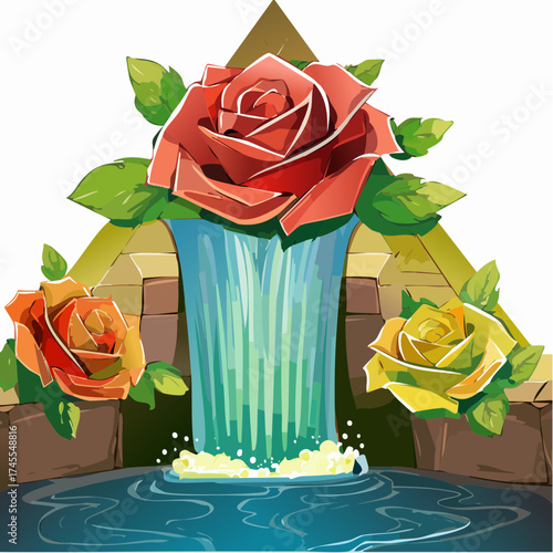 euphoric cascade cascading stylized roses geometric prisms metallic pinstripes top left to bottom right poster print crimson cyan mustard ebony sand dynamic floral art