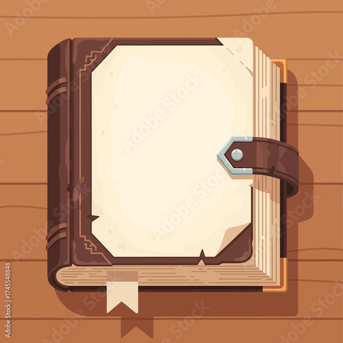 An old leatherbound book with blank pages and a strap closure.