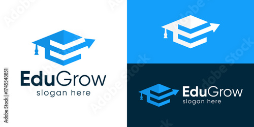 Creative simple edu grow logo template. Abstract graduation hat with arrow right logo design vector illustration.