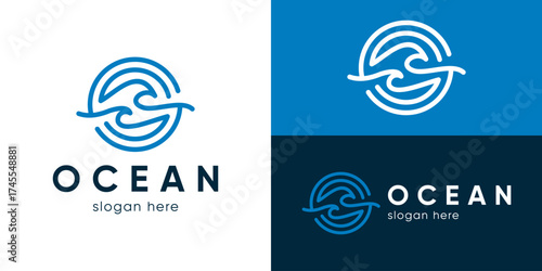 Creative simple ocean logo template. Circle wave sun sea logo design vector illustration.