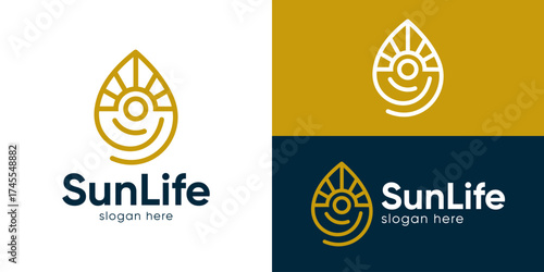 Creative simple sun life logo template. Drop leaf with sun people person human health logo design vector illustration.