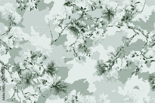 A realistic camouflage background, tree branches in the foreground.Camouflage background. Digital camouflage. Deer hunting, forest, jungle texture. Realistic tree seamless pattern.