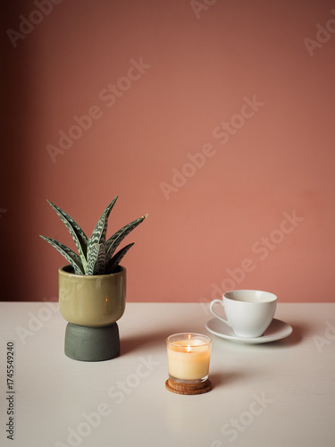 Coffee, Candle and Zebra Haworthia on White Table against Peach Wall, Italian Terrace