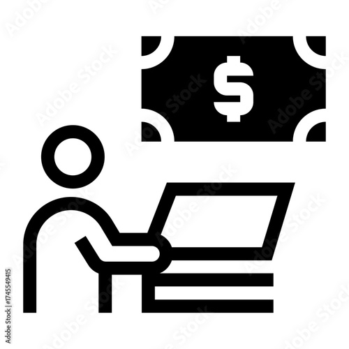 Icono de finanzas personales. Administración del dinero con persona y billetes. Ilustración vectorial