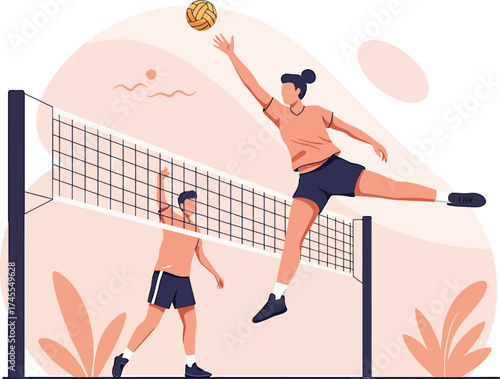 Volleyball players jumping to hit the ball over the net during a game