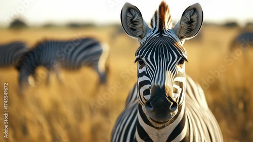 A zebra stands gracefully in golden grasslands, showcasing natures beauty. This photograph captures the wilds essence, inviting viewers to connect with wilderness and explore its diverse landscapes