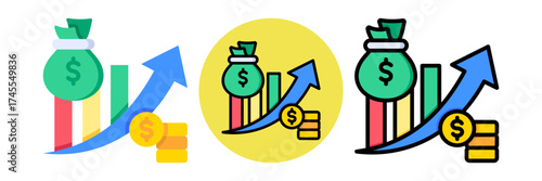 Revenue Growth Icon Flat & Flat Line Style Collection Set