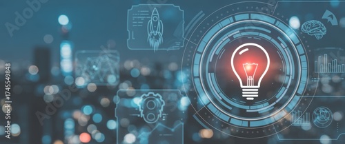 Illumination of Innovation: A vivid illustration of a luminous light bulb symbolizes the spark of creativity and inventive solutions, set against the futuristic backdrop of a bustling cityscape.