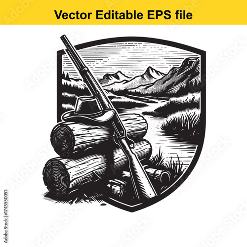 Vector art of rifle and hat on logs by a river with mountains and trees