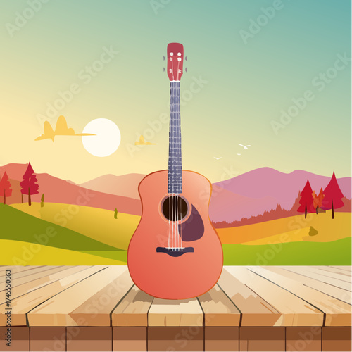Guitar on wooden deck with mountain sunset landscape