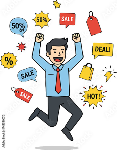 Excited Businessman Celebrating Sales and Deals with Various Promotional Elements