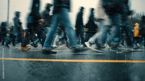 Medium shot of pedestrian safety sensors at a busy intersection highlighting smart technology detecting crowd movements and potential risks with the background softly blurred.