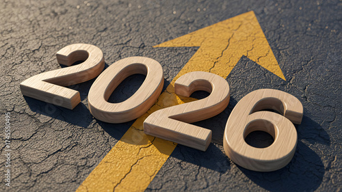 Exciting 2026 wooden figures with upward arrow pointing toward a brighter future
