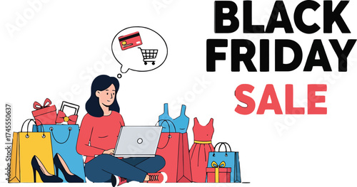 A happy woman enjoys successful online shopping; surrounded by her Bla