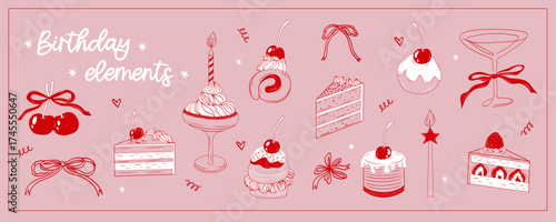 Big set of cute birthday elements with pastries, desserts, ribbons, confetti, cocktails, and cherries. Hand-drawn one line art on pink background.