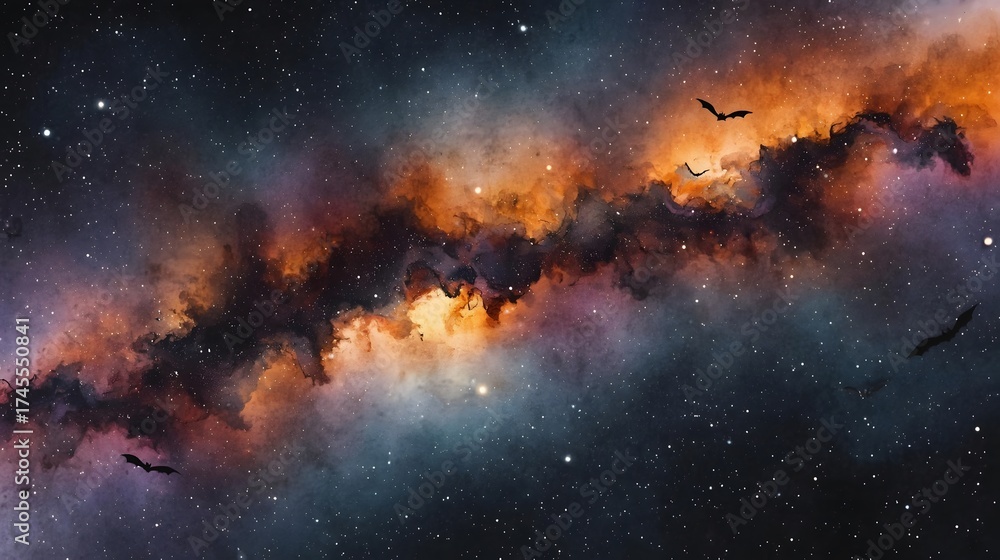 Fototapeta premium A vibrant cosmic nebula, ablaze with orange and purple hues, serves as a backdrop for silhouetted bats.
