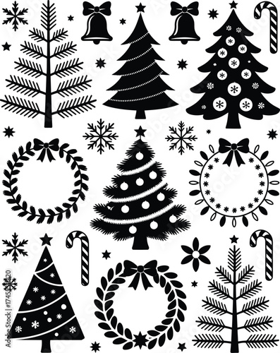 Christmas vector silhouette elements trees snowflakes