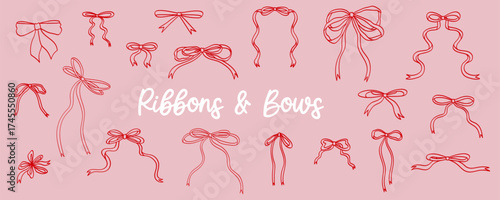 Set of cute ribbon bows. Hand-drawn one line art elements on a pink background.