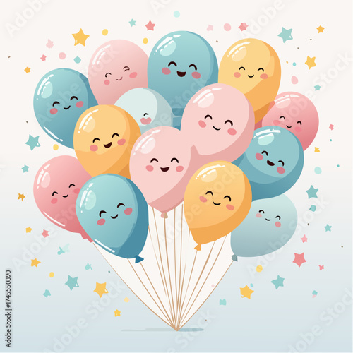 A delightful bouquet of pastel-colored balloons, each adorned with a sweet, cheerful face, gracefully ascends amidst a shower of twinkling stars, symbolizing joy and festive wonder