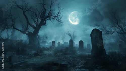 Haunted graveyard with glowing full moon and flying birds across foggy dark night, surrounded by tombstones and bare trees, symbolizing creepy atmosphere, Halloween gothic supernatural mystery, death