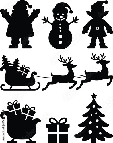 Christmas vector silhouettes of Santa snowman elf reindeer sleigh gifts tree