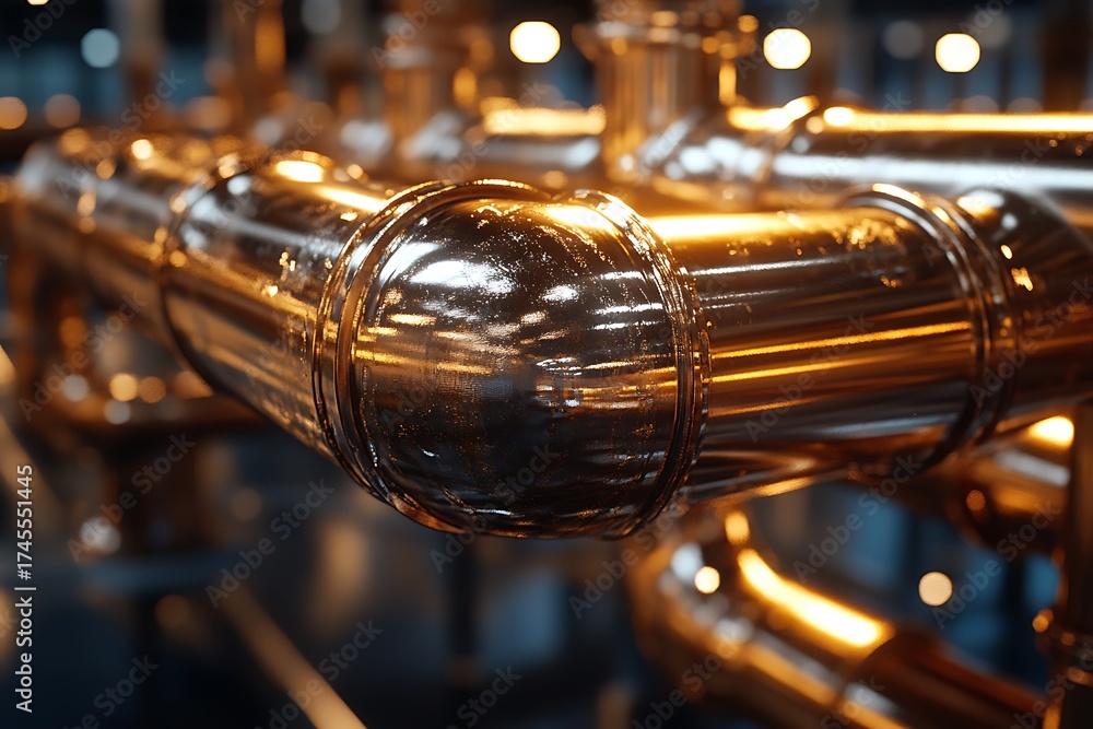 Naklejka premium Close up of polished copper pipes in industrial setting warm lighting intricate details high resolution photo