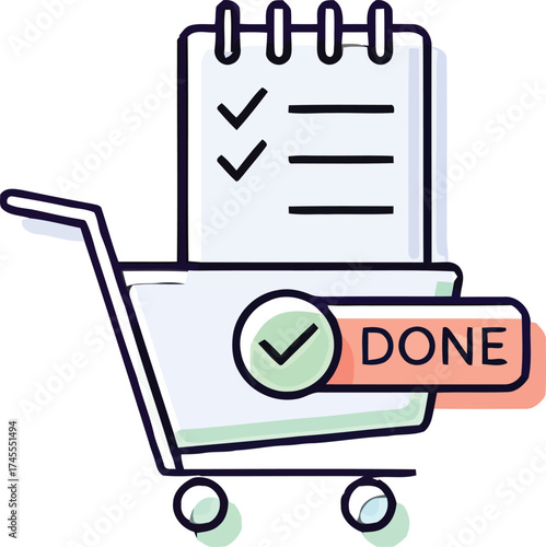 Shopping cart with a completed task list and a DONE badge for efficien
