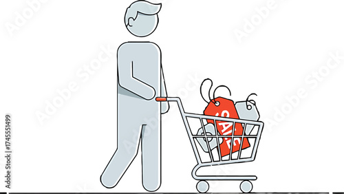 A person pushes a shopping cart filled with vibrant red and grey sale 