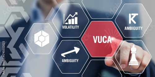 Navigating the VUCA World: A modern and strategic depiction of the VUCA framework, with hands interacting with its key components and symbols, representing complexity in the modern world.