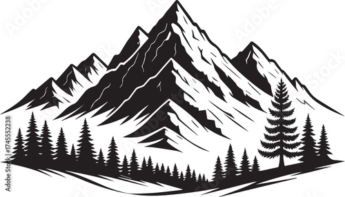 Monochrome mountain range with conifer trees illustration beautiful nature scene