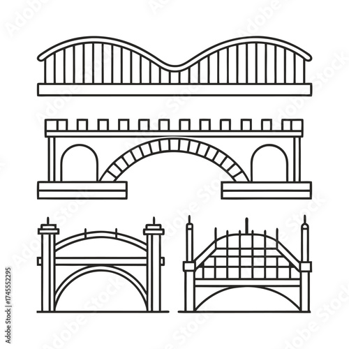 Architectural Bridge Icons Minimal Line Art Structure Vector Set