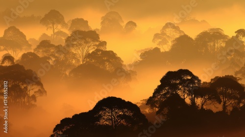 Misty Forest Canopy at Sunrise