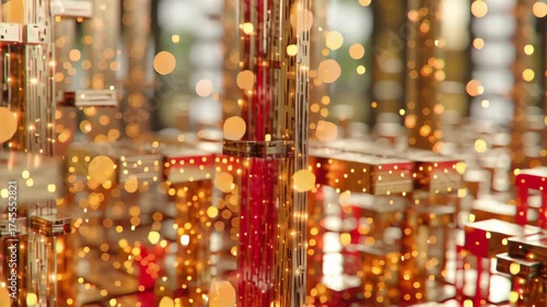 A close-up of shimmering golden geometric structures with bokeh lights in the background.