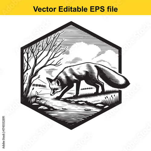 Vector art of monochrome vector art of a fox by a stream in a hexagon