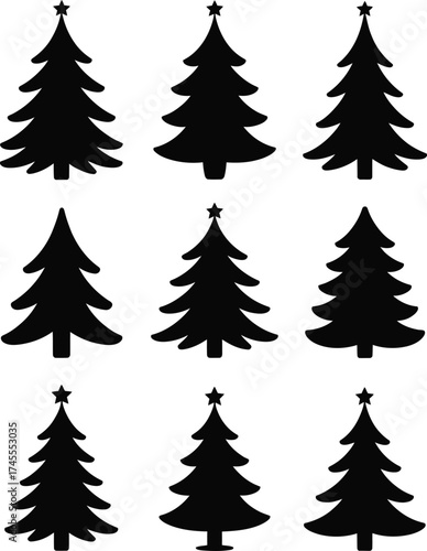 Black Christmas trees star silhouette vector