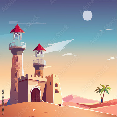 Desert castle with palm tree and moonlit sky