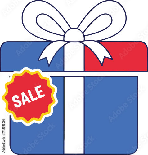 A festive gift box in red; white; and blue; prominently displaying a s