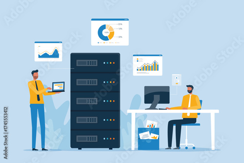 flat vector illustration design server administration working concept. technology data center and server backup service. working planning and data analysis process
