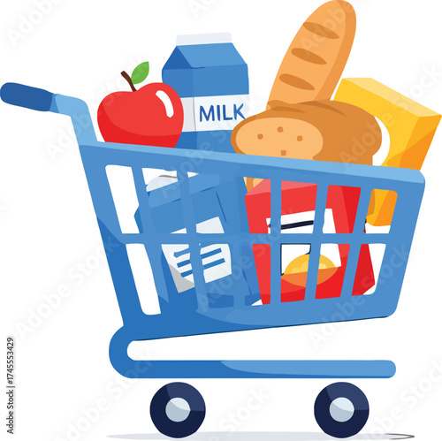 A vibrant blue shopping cart overflowing with fresh groceries and ever