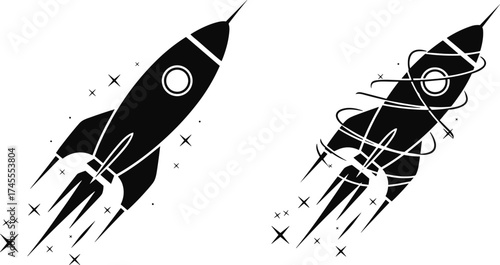 Rocket ship illustration in black and white, space travel concept, futuristic design, innovation, exploration, startup success, and cosmic adventure
