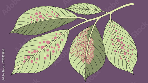 Leaf affected by fungal infection isolated on a purple greenery background.  Signs of plant blight and powdery mildew visible on the surface.