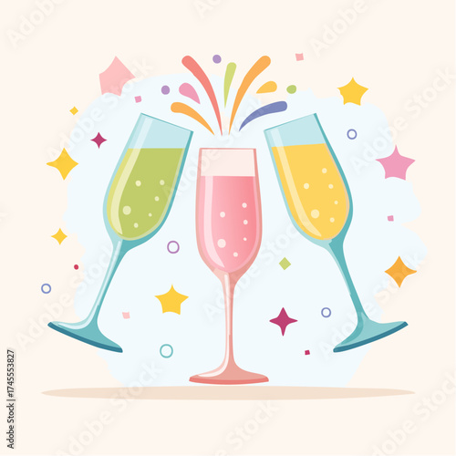Vibrant Celebration Sparkling drinks in three elegant flutes surrounded by a festive burst of colorful confetti and shimmering stars, capturing joyful moments