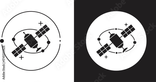 Satellite orbit illustration in black and white, space communication, global connection, GPS technology, futuristic space science and astronomy concept design
