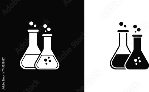 Science laboratory glass flasks icon, chemistry experiment symbol, black and white beaker design, chemical reaction concept illustration, lab equipment graphic