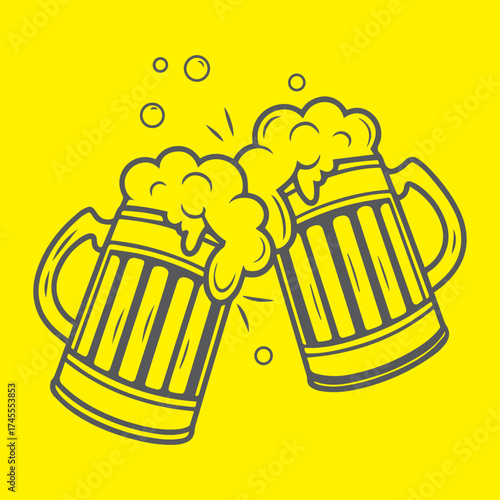 Cheers Two beer mugs clinking together on a yellow background illustration