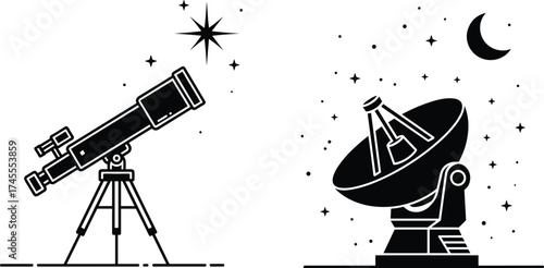 Telescope and satellite dish vector illustration, astronomy equipment design, space observation concept, night sky exploration, science and technology communication graphic