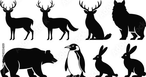 Black animal silhouettes vector art deer wolf